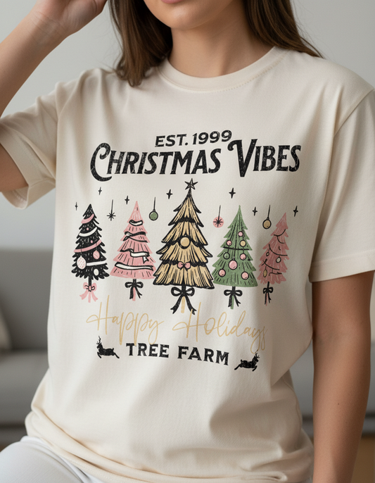 Christmas Vibes Tree Farm, Vintage Christmas Shirt, Retro Holiday Tee, Xmas Tree Graphic, Festive Winter Top, Holiday Gift Shirt