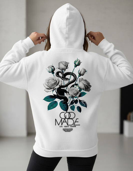 Snake Entwined White Roses Sweatshirt, Gothic Hoodie, Serpent Garden Art, Witchy Unisex, Gift for Her, Unique Holiday Gift