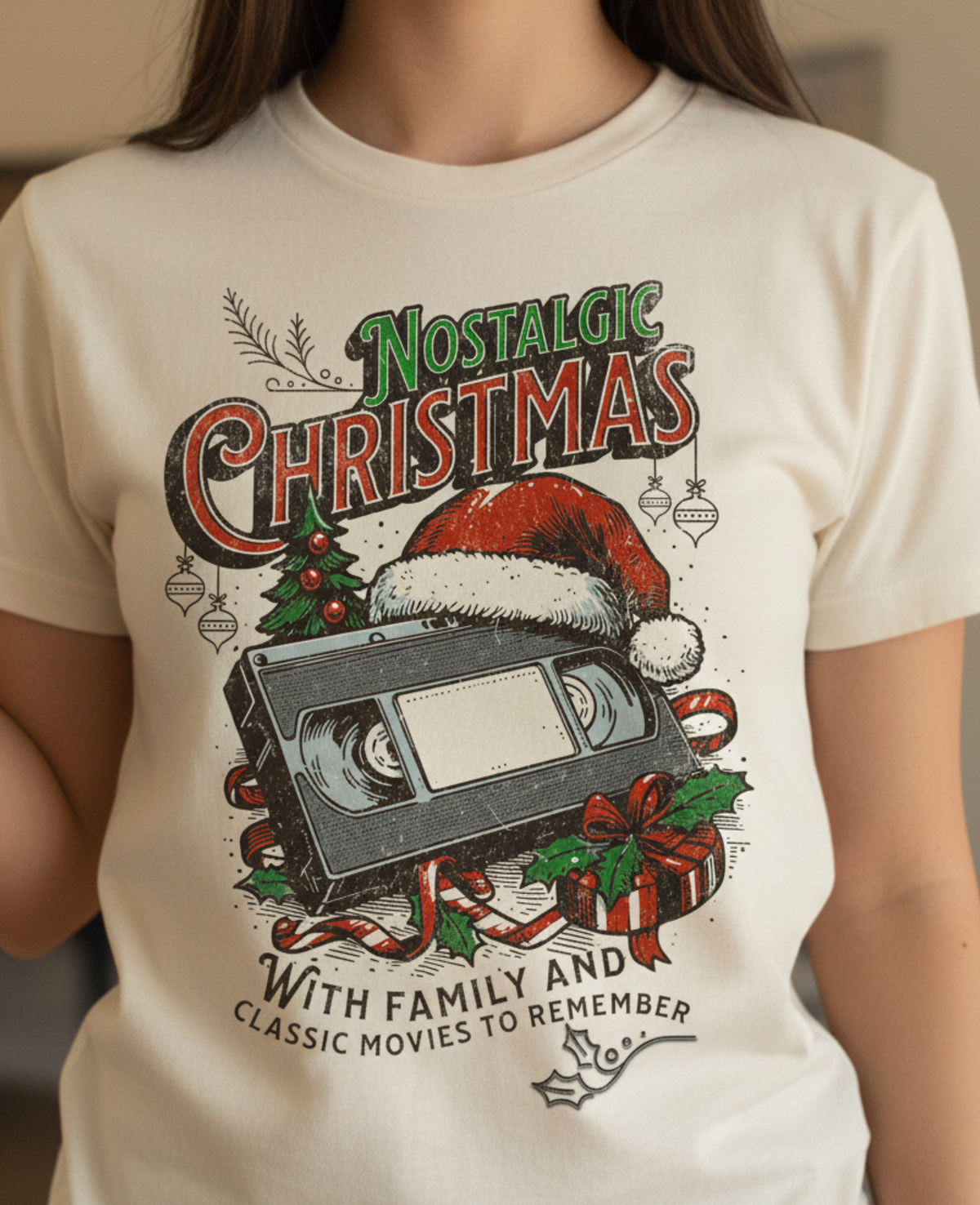 Vintage Christmas Shirt, Retro Holiday Tee, Nostalgic Xmas Graphic, Unisex Festive Top, Christmas Movie Night, VHS Tape Santa Design