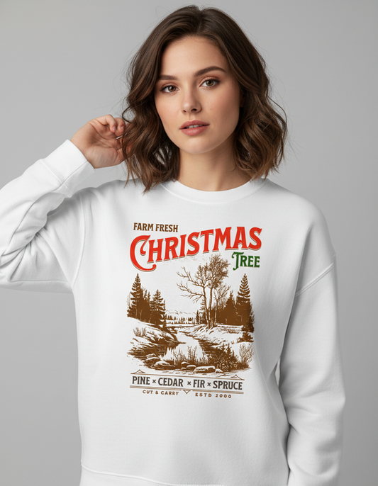 Farm Fresh Christmas Tree, Vintage Holiday Crewneck, Retro Tree Farm Sweatshirt, Rustic Winter Graphic, Festive Unisex Top