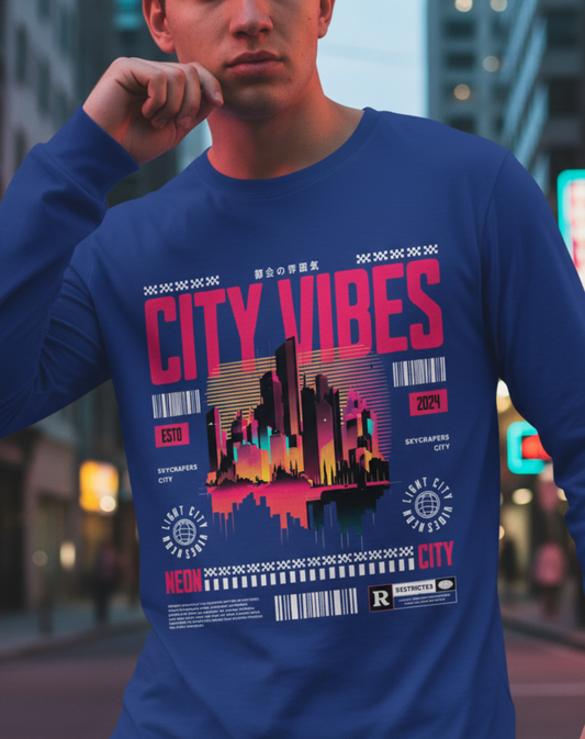 Urban Skyline Long Sleeve Tee, Neon City Art, Casual Urban Tee, New York City Tee, District, Streetwear Fashion, Nightlife
